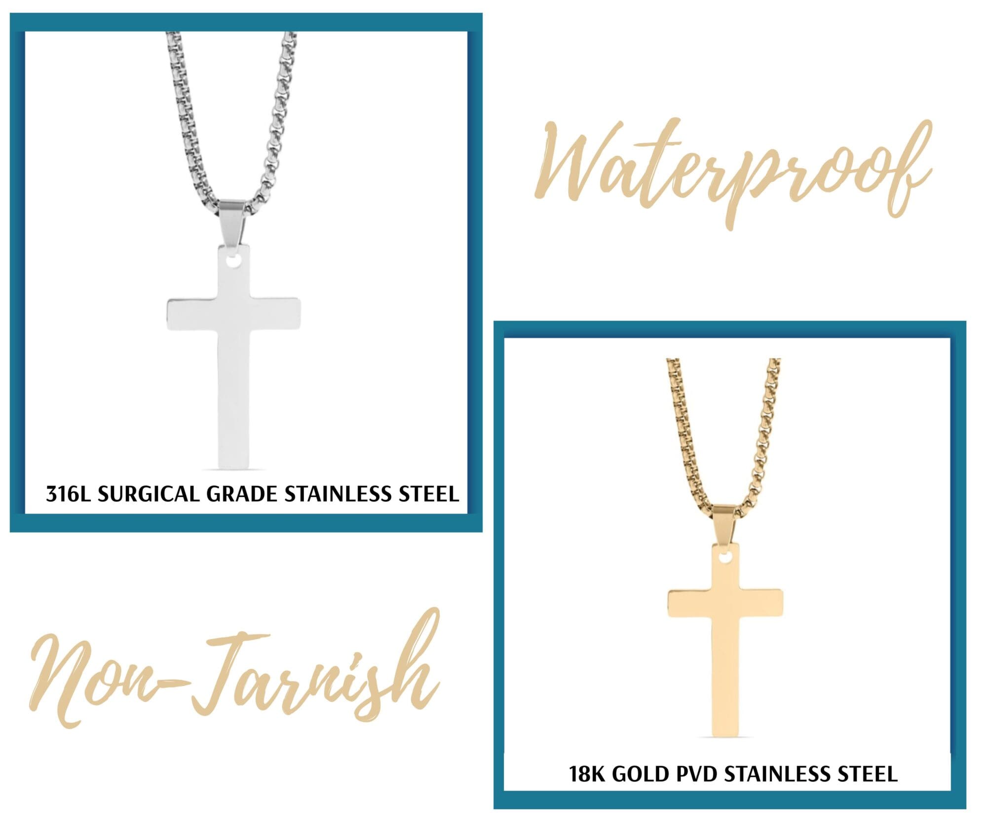 Men's Cross Necklace,  Waterproof Jewelry in Gold / Stainless Steel - Image 2