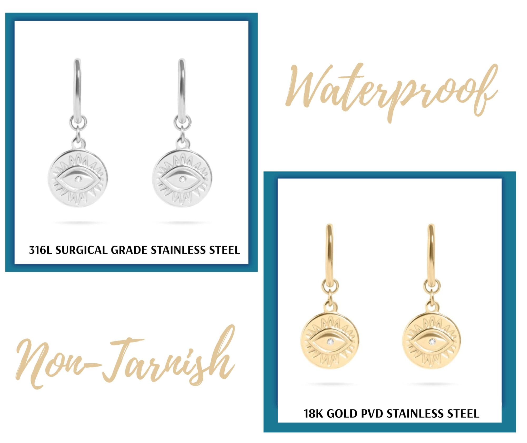 Evil Eye Huggie Earrings – 18K Gold, Stainless Steel with Sparkling Charm - Image 2