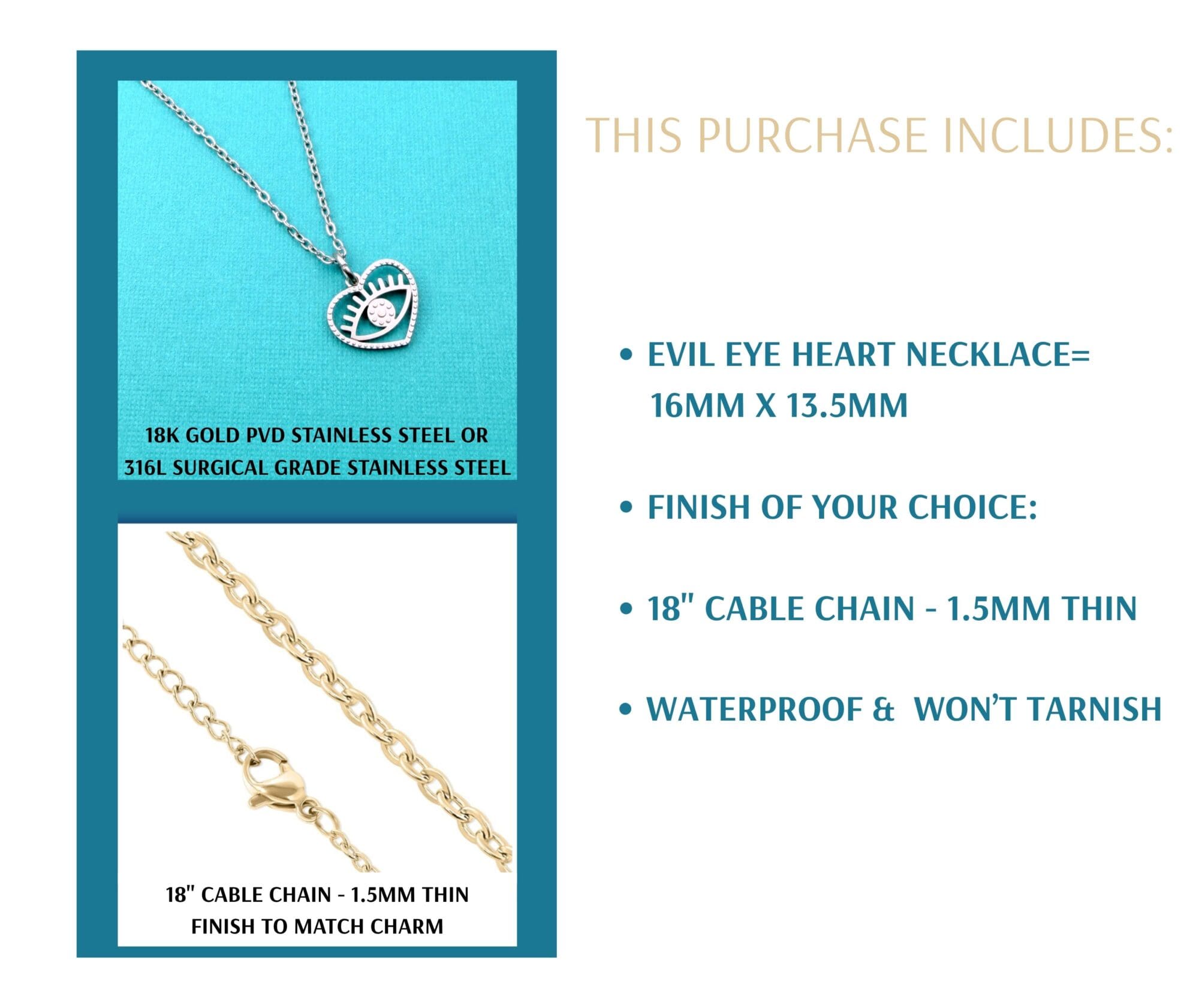Dainty Evil Eye Necklace Jewelry - 18K Gold Stainless steel Waterproof - Image 2