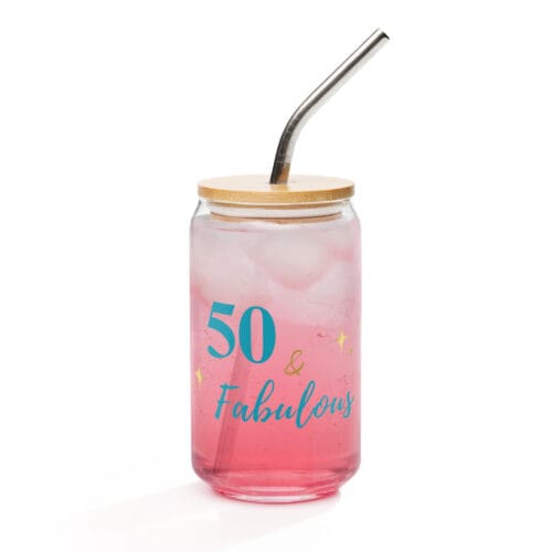 50th Birthday Gift for Women - 50 and Fabulous Can Shaped Glass